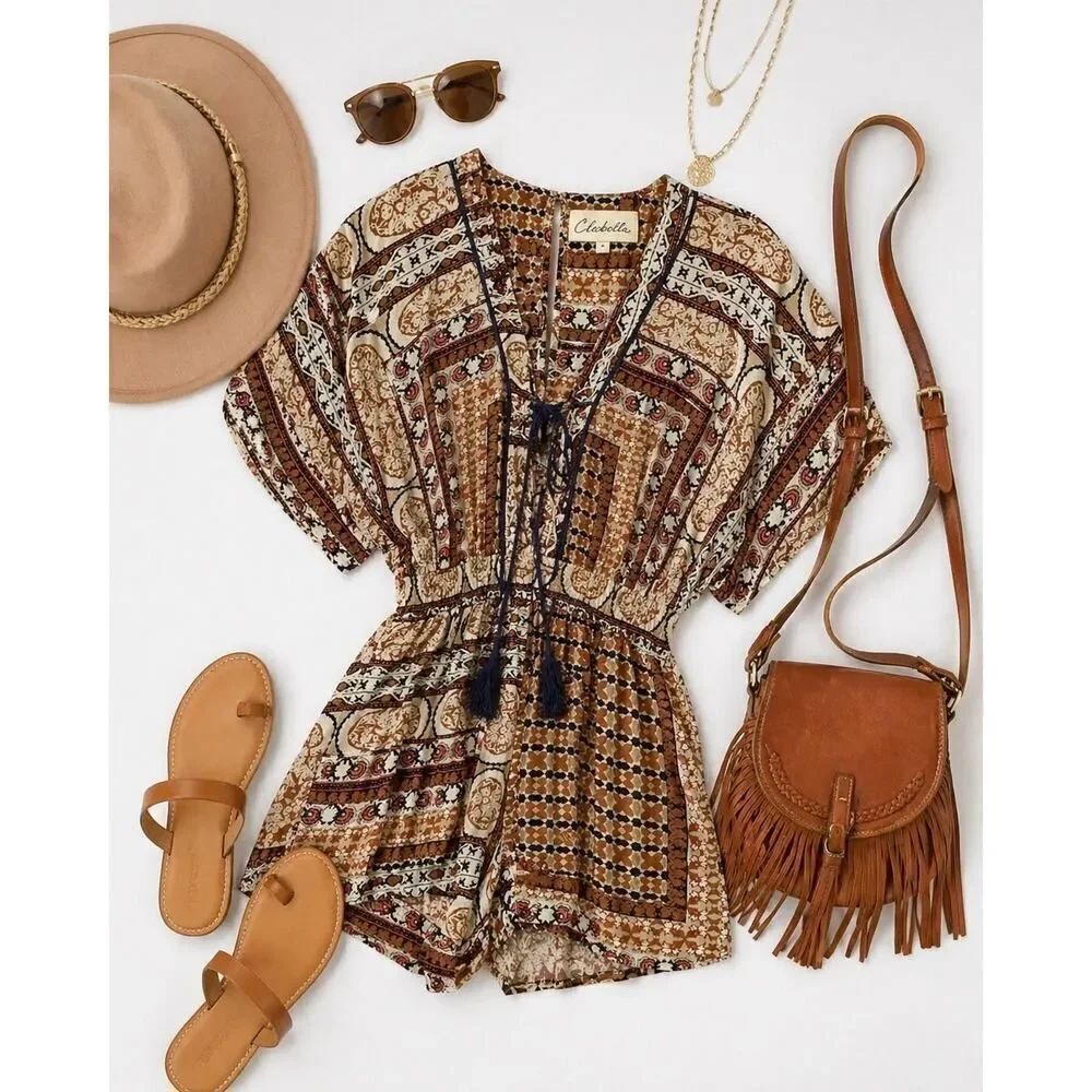 Cleobella Wesley Boho Romper Tassel Front Smocked Waist Pockets Festival